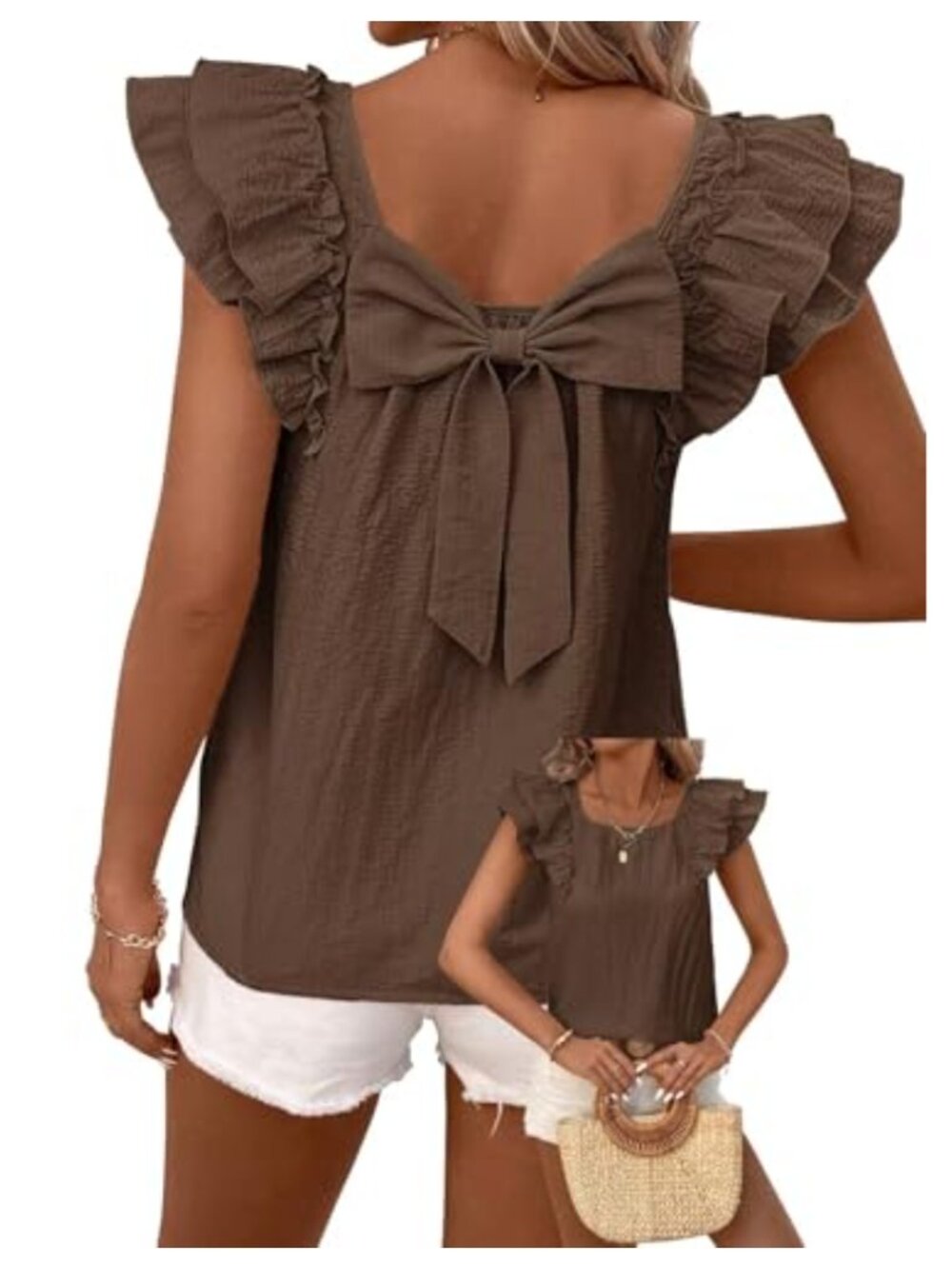 Womens Bow Tie Back Babydoll Top Ruffle Short Sleeve Vneck Blouse Tunic